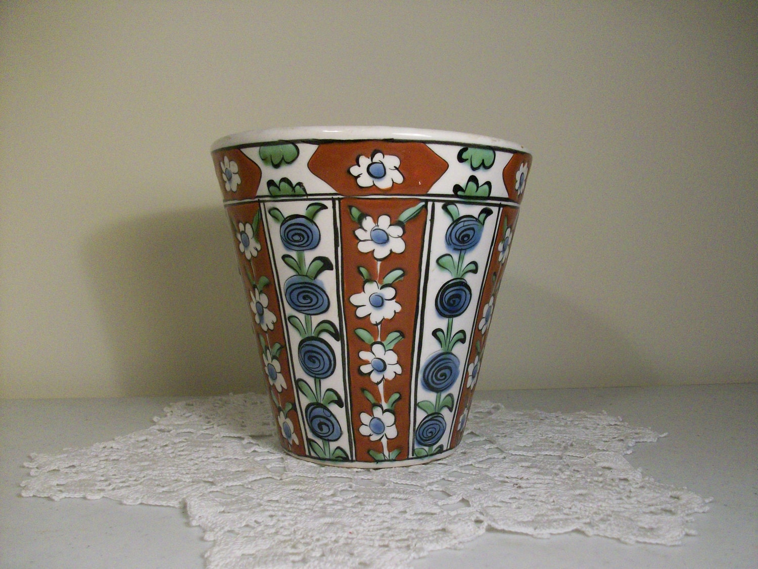 Handmade Icaros Pottery Floral Planter Rhodes Greece //