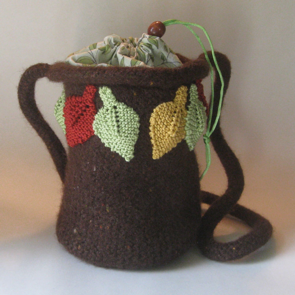 Brown Tree Purse Green Rust Mustard Leaves Handmade Knit Felt Cotton
