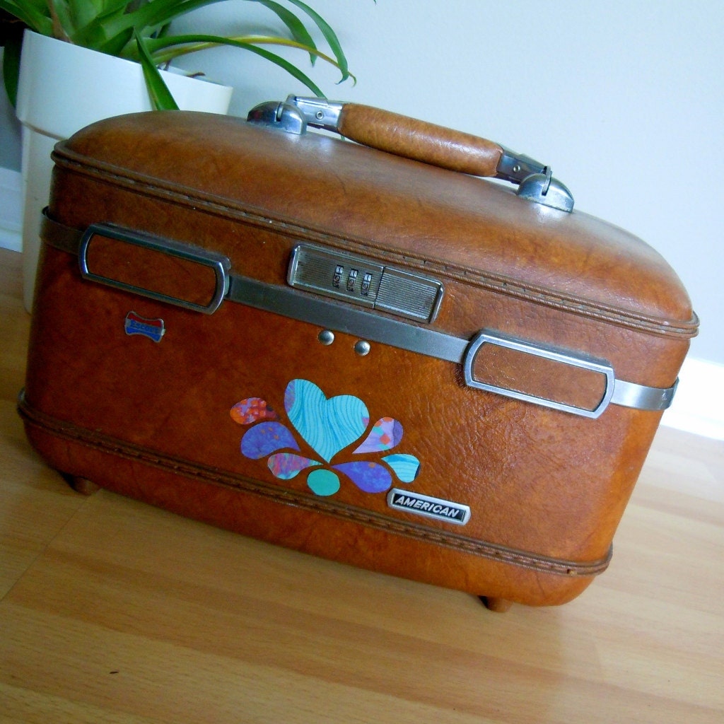 One of a Kind VINTAGE Train Case with Upcycled Dahlia Floral Design - Brown with Green and Purple