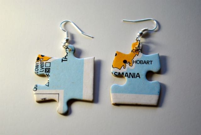 Upcycled Eco, Dangle Earrings, Jigsaw Puzzle Jewellery, Map of Australia, Tasmania, Sky Blue