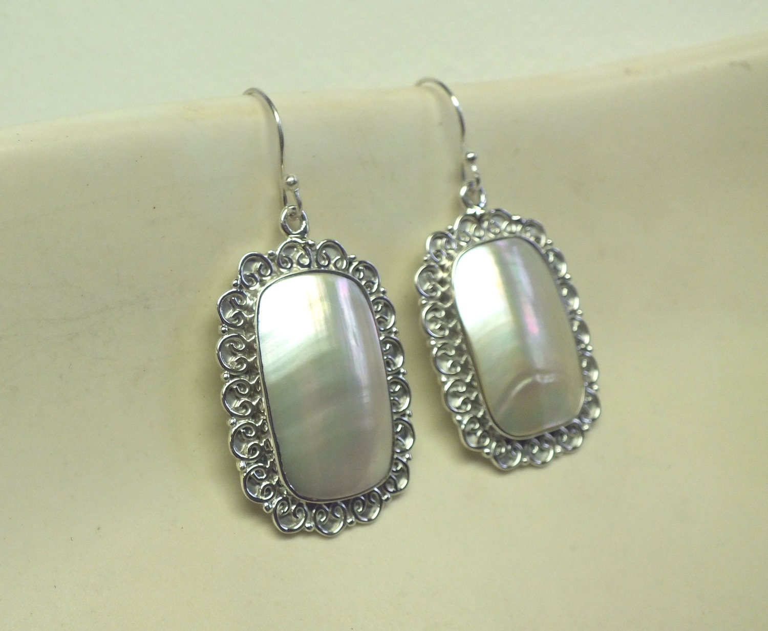 White Shell and Sterling Silver Filigree Drop Earrings
