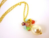 Bridal Pearl Necklace with Czech Glass Flower Botanic Bouquet