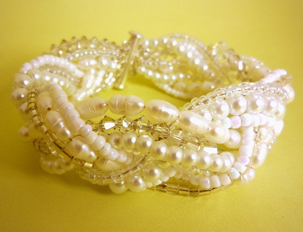 Braided Bridal Pearl Bracelet with Swarovski and Freshwater Pearls