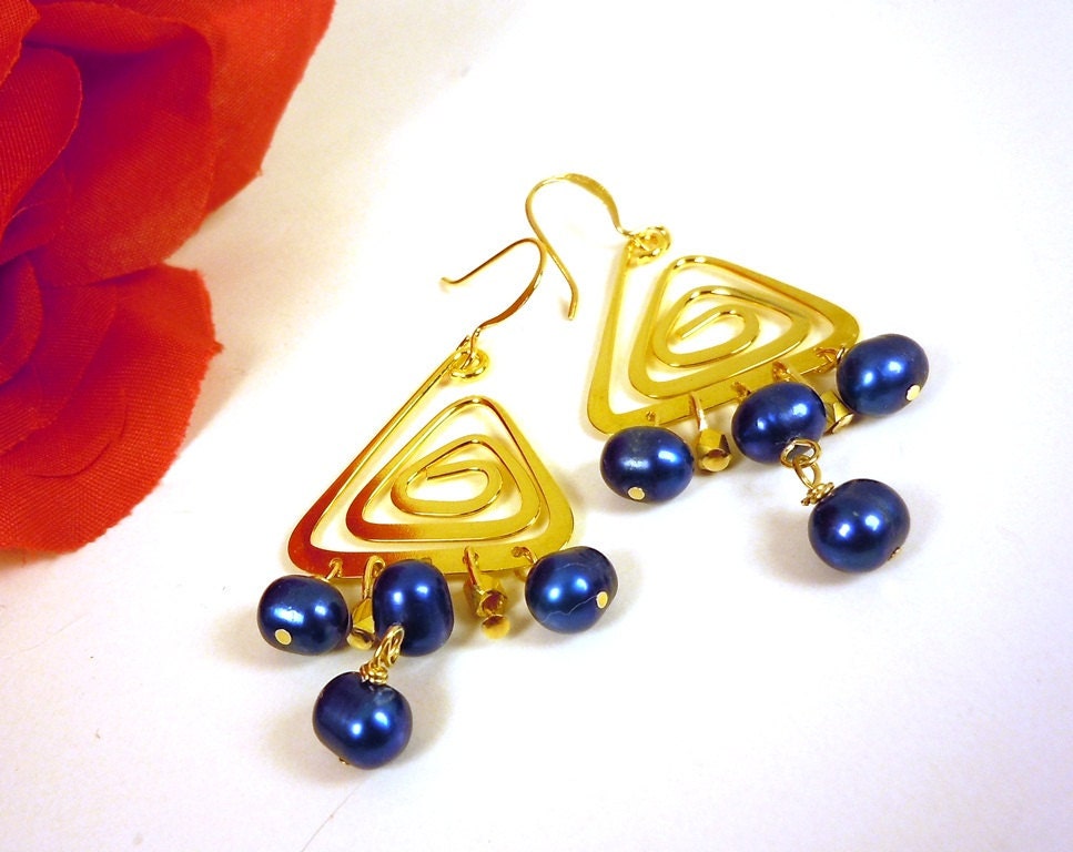Pearl Earrings Midnight Blue on Gold Swirl Chandeliers