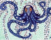 Pen and Ink Drawing - Octopus card - Original Hand Drawn Paper Cut Out Handmade Card - The Mimmic Blue Octopus