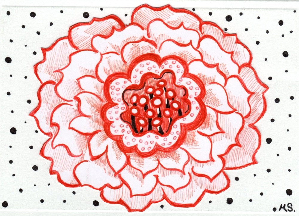 Pen and Ink Drawing Flower Card - Red Flower - Black Polka Dots - Original Hand Drawn cut out card