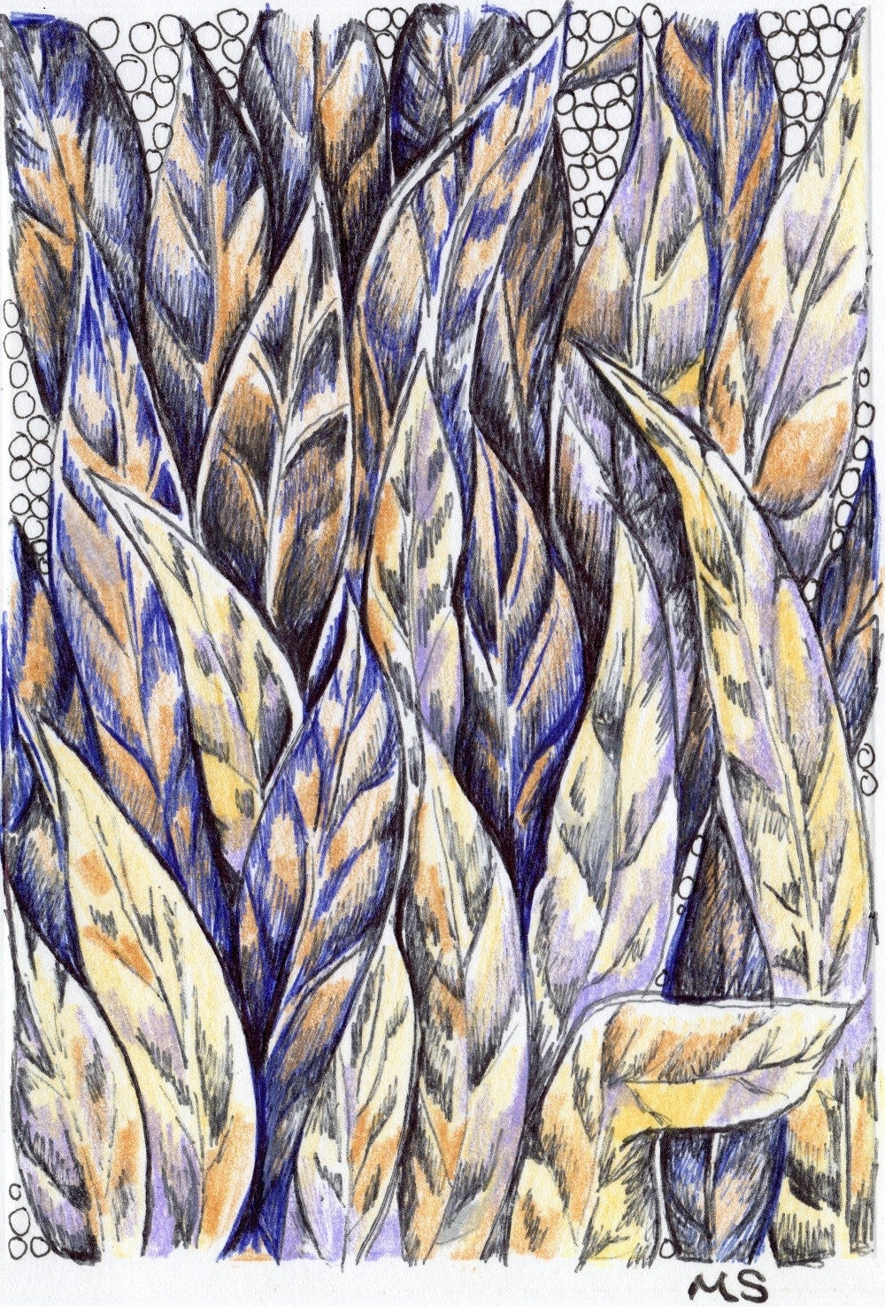 Exotic Feathers- Pen and Ink Drawing Art Card - Purple and Gold- Tribal Ethnic Feather Drawing
