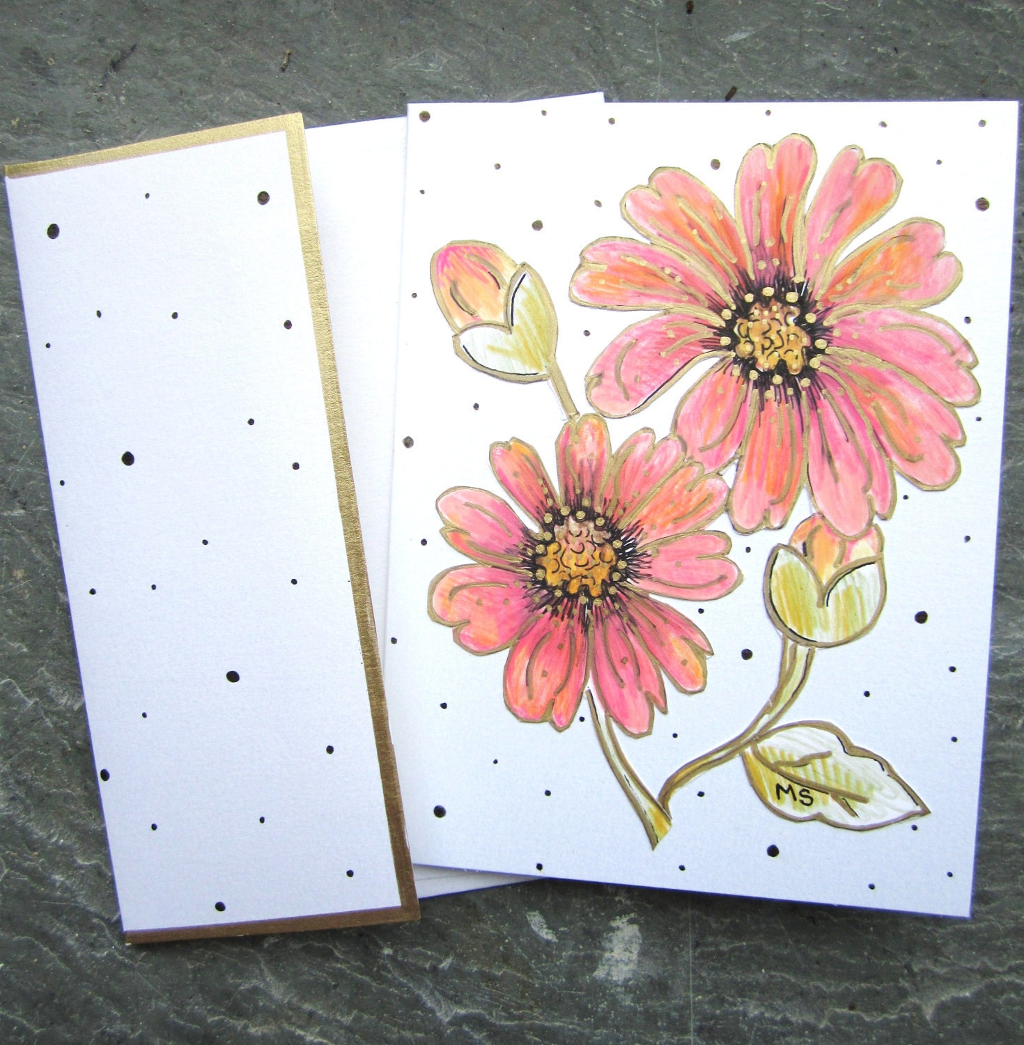 Peach Dahlia Flower Drawing - Art Card -  Hand Drawn Cut Out Metallic Card - Pen and Colored Pencil Drawing