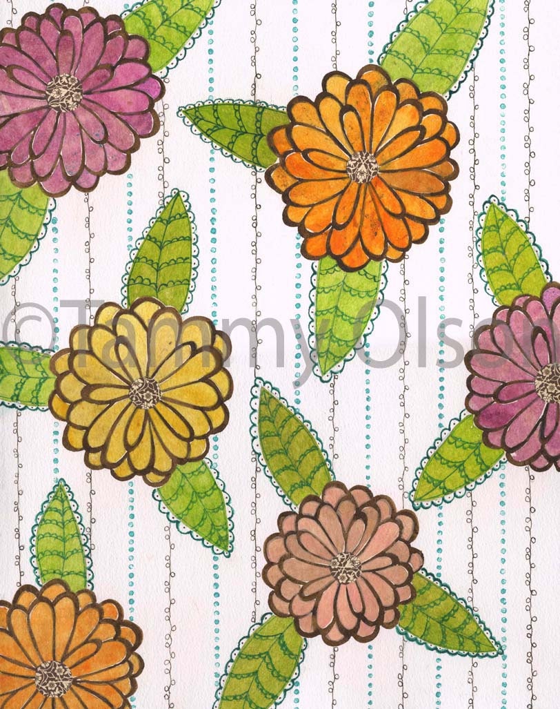 Collage painting, flowers, zinnia,  leaves,  garden,  mixed media art,  8 x 10 limited edition print 1/250,