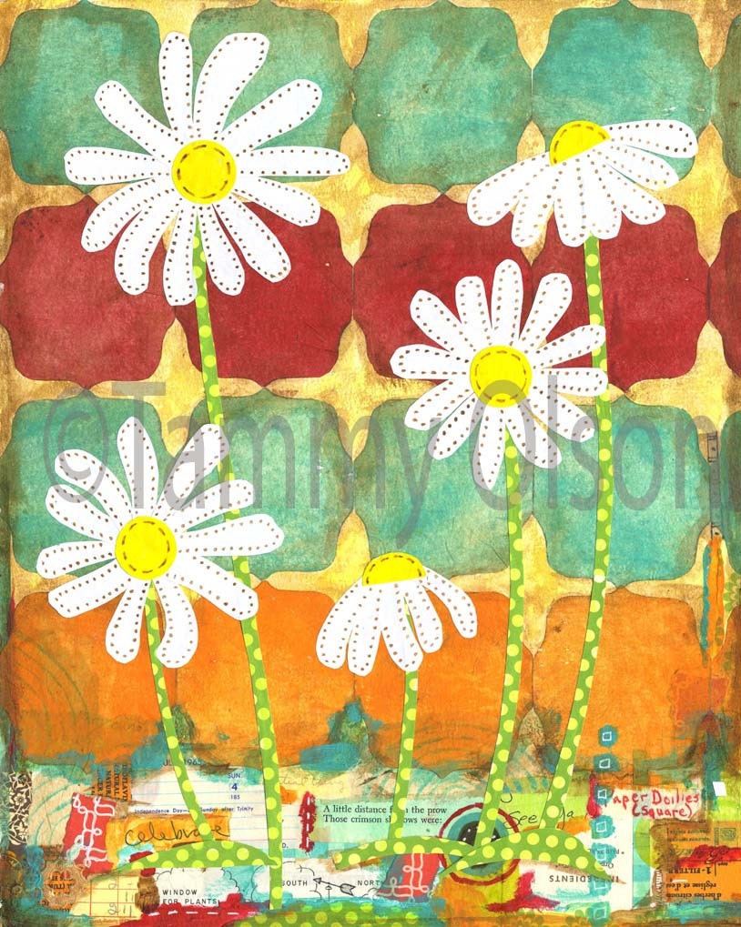 Mixed media collage, flowers, daisies, colorful, painting 8 x 10 Limited edition print 1/250, "Daisy, Daisy"