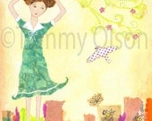 Mixed media art collage, girl, bird, flowers, butterflies,  8 x 10  print, Limited edition 1/250, "In the Shelter of Each Other"
