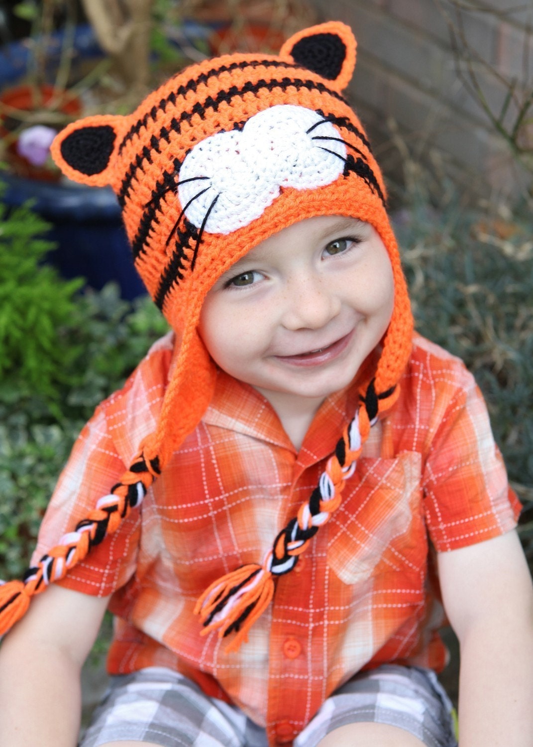 Crochet Tiger earflap beanie hat in orange and black
