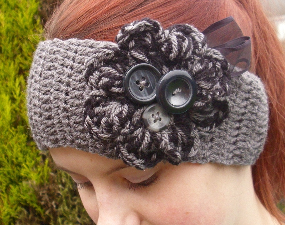 Crochet boho winter headband ear warmer headwrap - Adult size - GREY GRAY