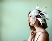 CLEARANCE - White Fascinator - White Glitter Leaves, Snow White Sparkling Tinsel Soft White Poinsettia Flower, Faux Pearl- Bridal - Formal