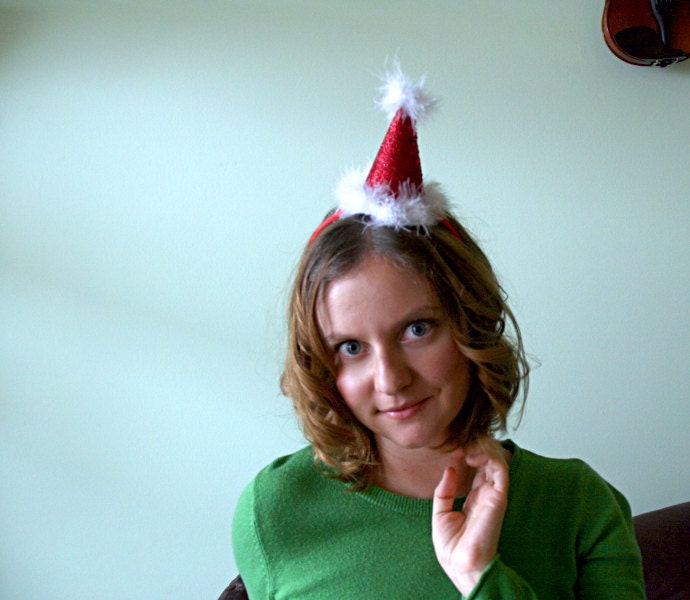 CLEARANCE - Mini Santa Hat - Sparkling Red Santa Clause Hat with Feather Trim on a Headband - Christmas - Holiday - Girls -Women - Teen