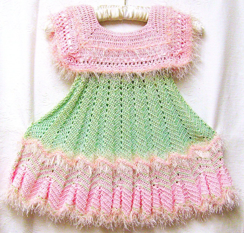Gorgeous Pink and Mint Green Crocheted Dress for A Little Girl