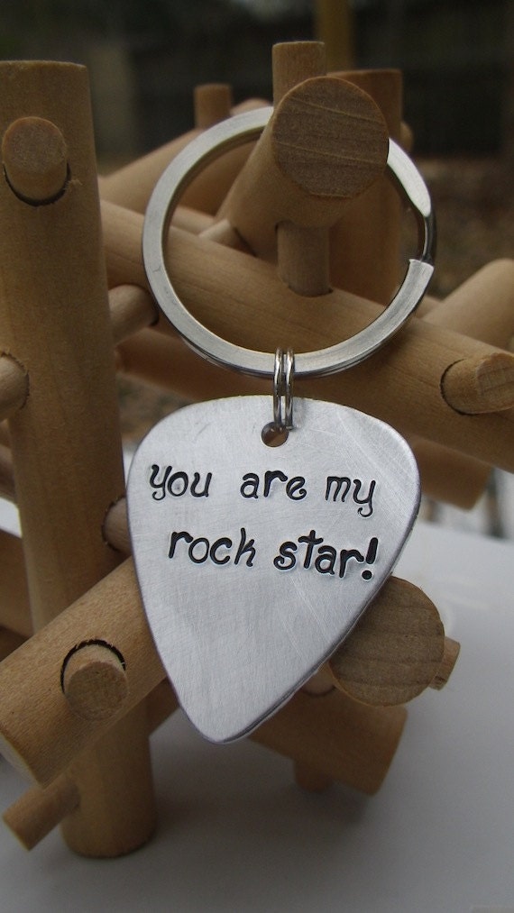 Personalized Handstamped Guitar Pick Keychain. Make it Your Own. Perfect gift for Father's Day.