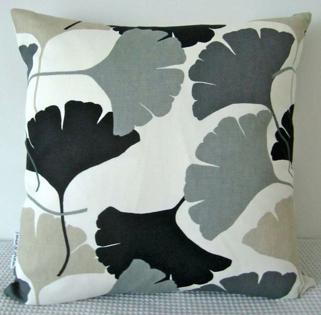 Ginkgo leaf motif retro beige, grey, black and white cushion Cover, contemporary designer fabric slip cover, throw pillow
