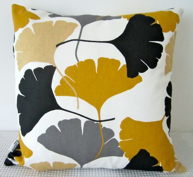Ginkgo leaf motif retro mustard yellow, white, grey and black cushion Cover, contemporary designer fabric slip cover, throw pillow