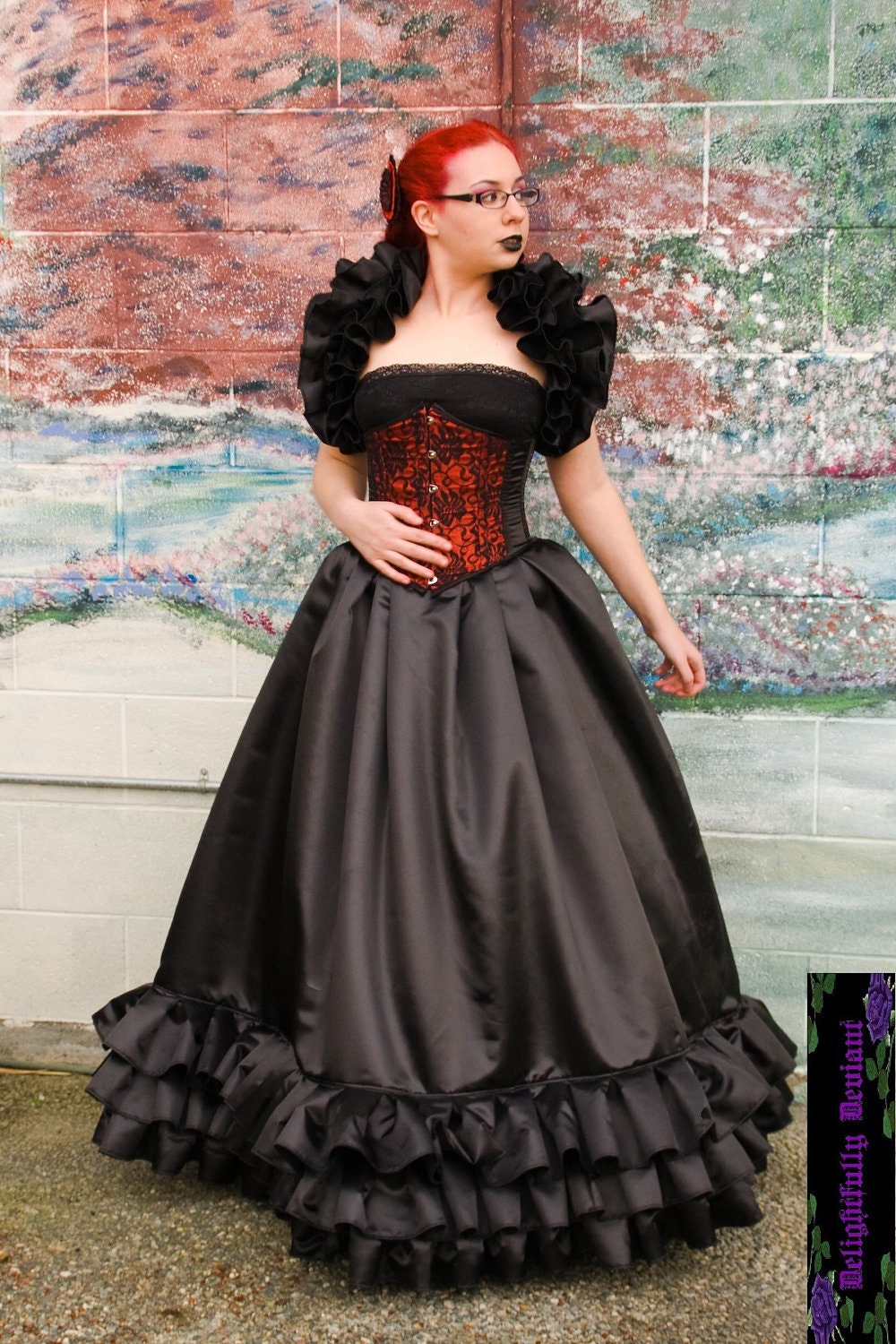 Black Pleated Satin Steampunk Victorian Gothic  Skirt
