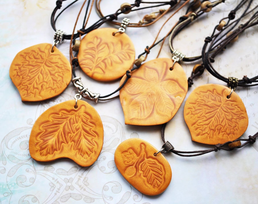 Golden leaves pendant from polymer clay - tribal Boho jewelry, gift ideas for her, Mexico, hippy, ethnic - made to order