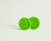 Owls green and brown earrings ear posts from polymer clay - funny jewelry, neon jewelry, gift idea for her, for girl - made to order