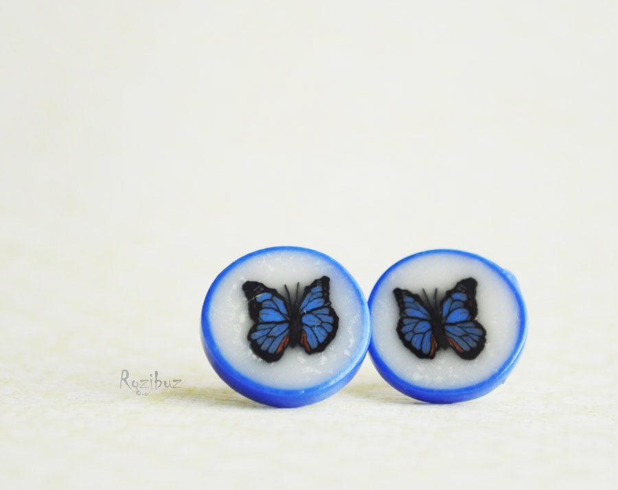 Butterfly earrings ear studs from polymer clay - pansy white earrings, for girl for her, gift under 15, navy blue - ready to ship