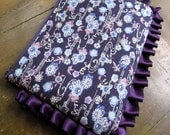 SALE Floral Ruffle Clutch Purse / Navy Blue Print & Purple Satin / Handmade / Free Shipping / Limited Edition