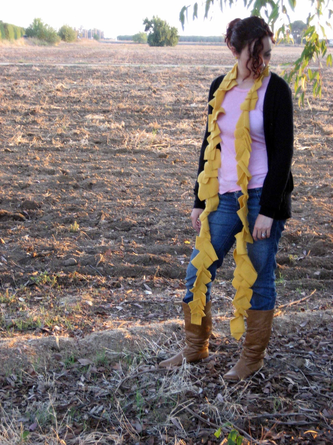 Fleece Scarf / Mustard Yellow Gold / Geometric Block / Soft Fuzzy / Fall Fashion / Handmade