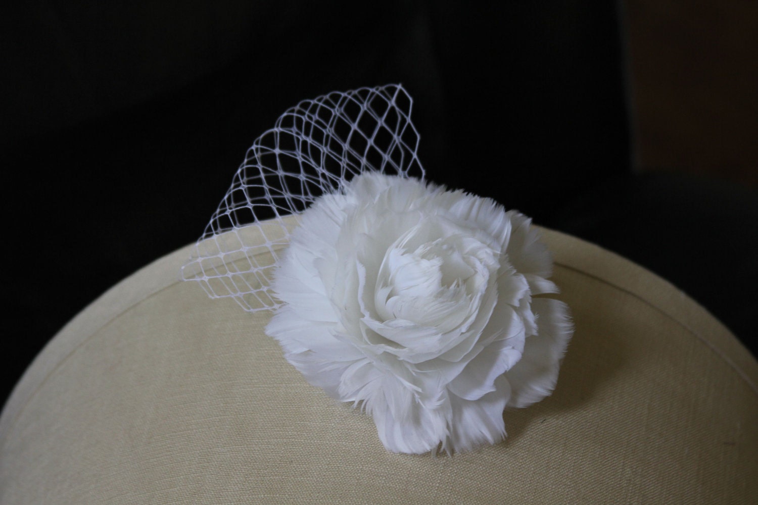 Bridal Hair Fascinator in White Feathers with French Birdcage Veil - Bridal, Prom, Wedding, Special Occasion