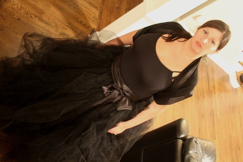 Black adult tutu, long black skirt, sewn tutus, Wide Satin sash, Wedding tutu, Prom dress