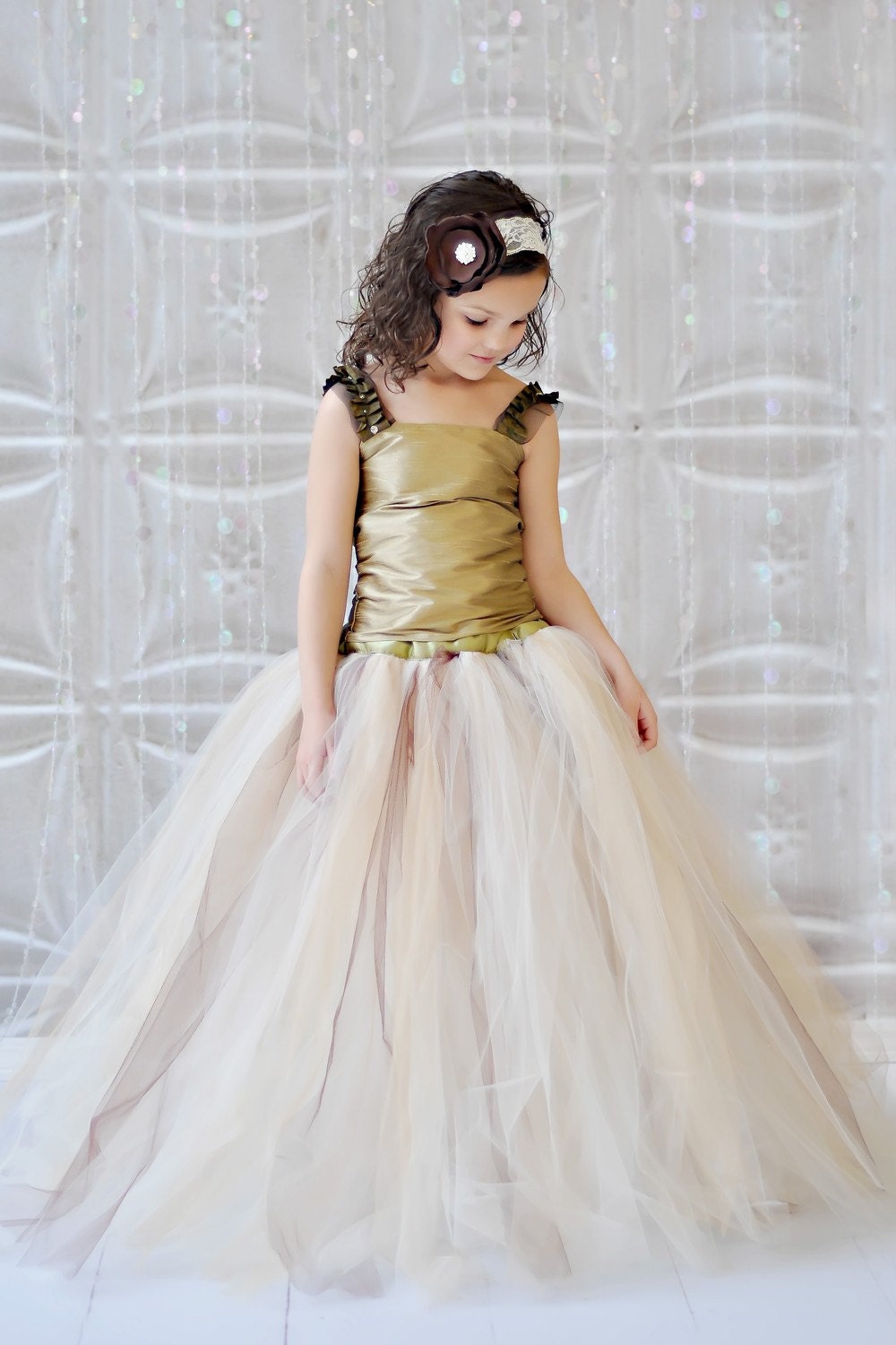 Tutu Dress, Vintage Champagne, Ivory, Gold and Brown tutu Skirt , Gold tutu, FLOWER GIRL DRESS