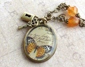Butterfly Collage Necklace Paper Image Resin Antique Brass Charms Orange Vintage