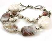 Earth Tone Bracelet Crazy Lace Agate Gemstone Wire Wrapped Sterling Silver Beaded Double Strand  White Brown