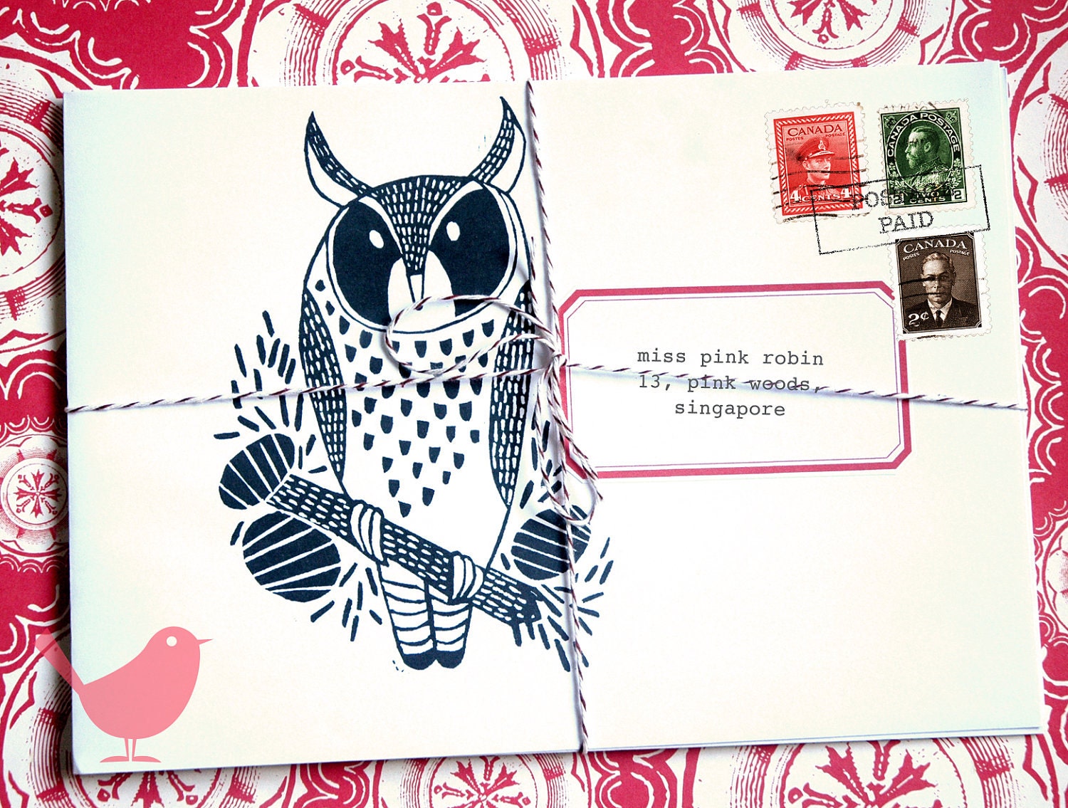 Set of eight owl envelopes- print from a series of owl theme lino-cuts