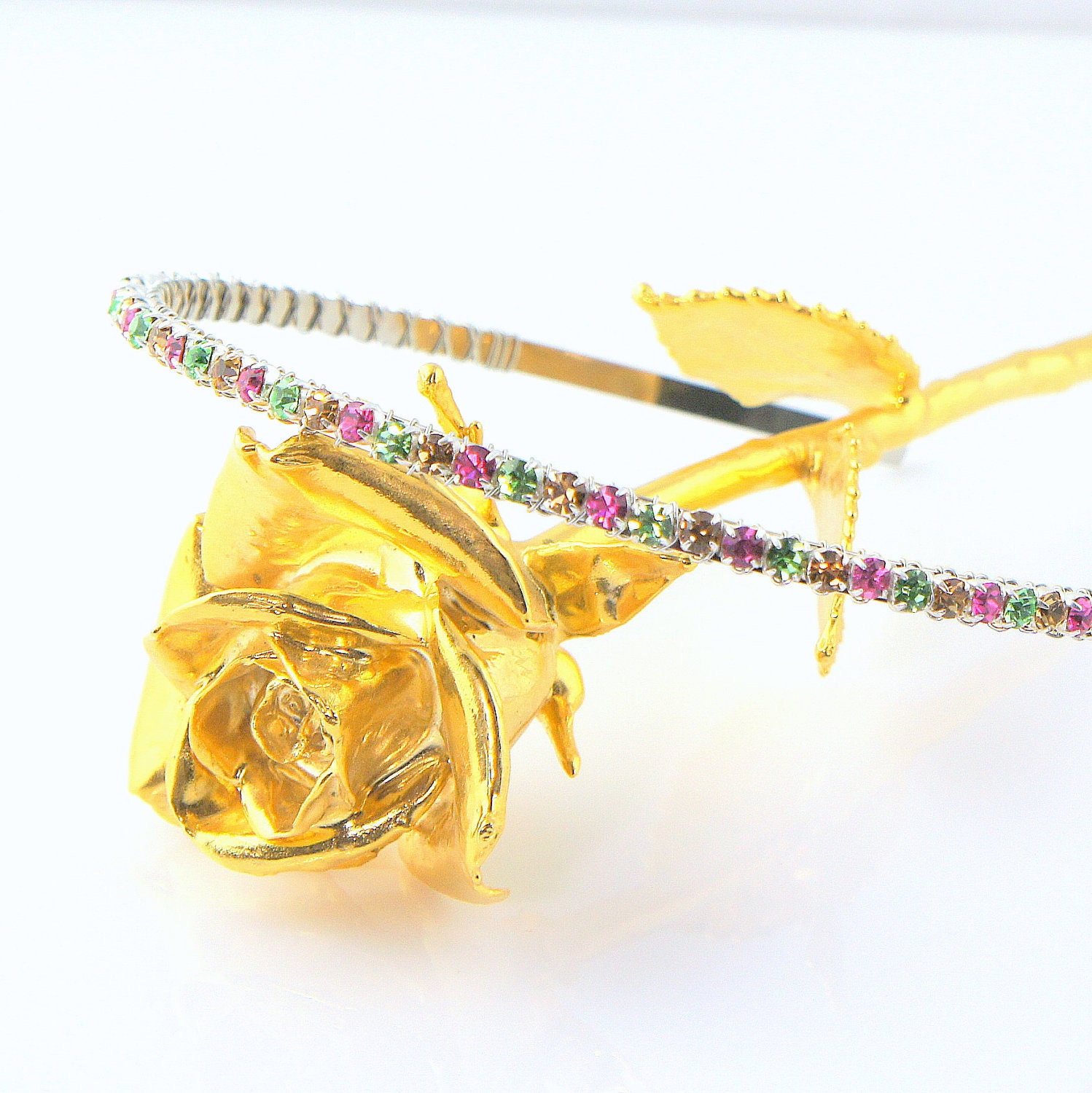 Spring Wedding Bridal Rhinestone Headband - Gold, Pink and Peridot Green