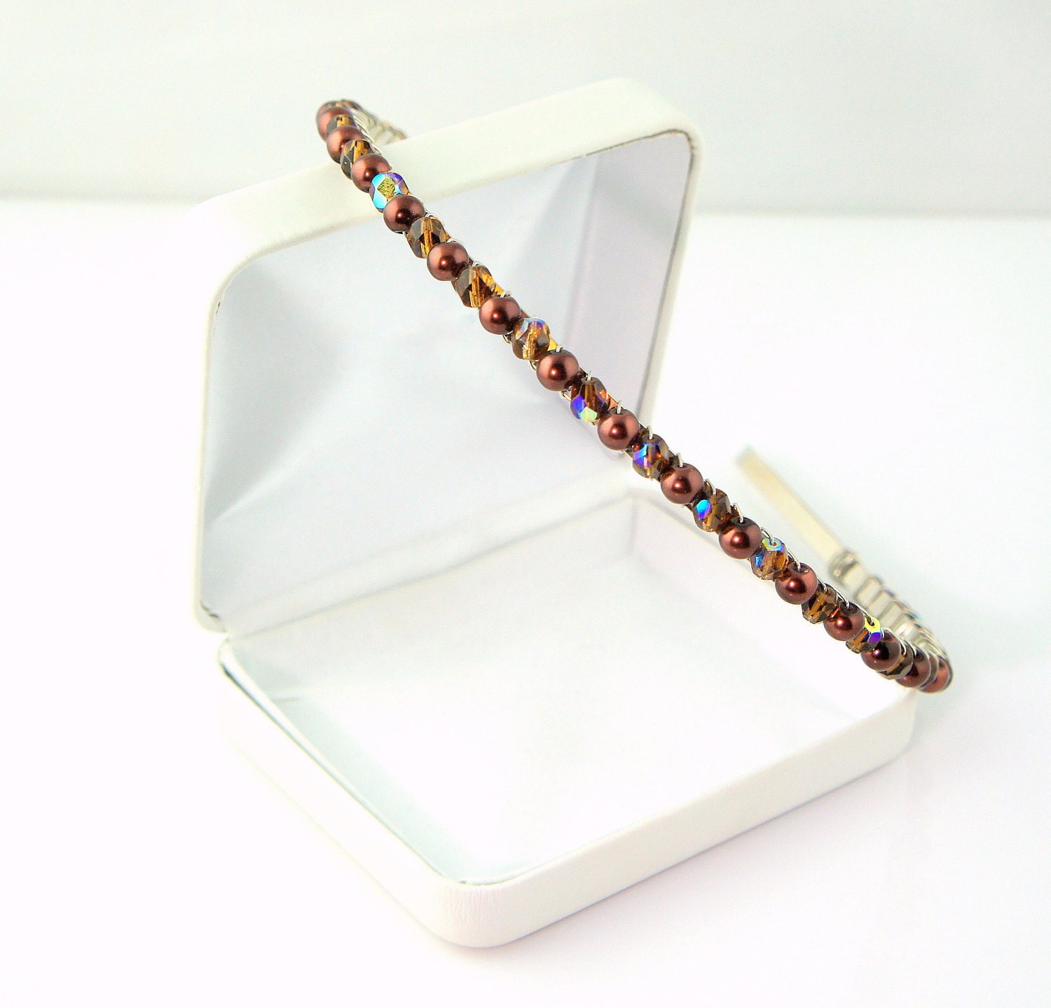 Beaded Headband in Mahogany Pearls and Czech Crystal