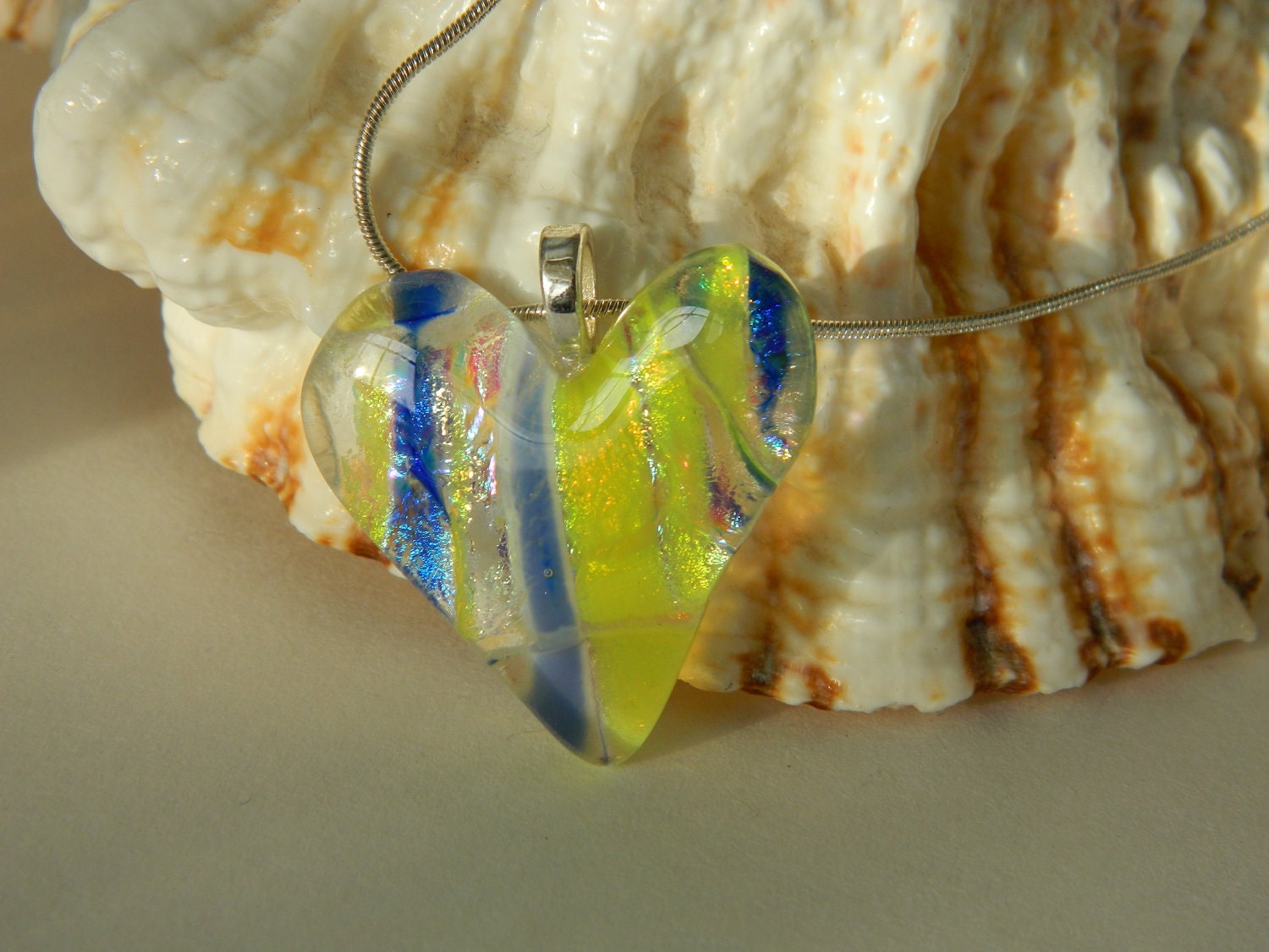 Fused Glass Heart Dichroic Blue Silver and Yellow pendant necklace