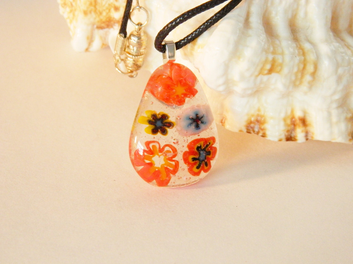 Fused Glass Flowers Millefiori Glass Pendant Necklace