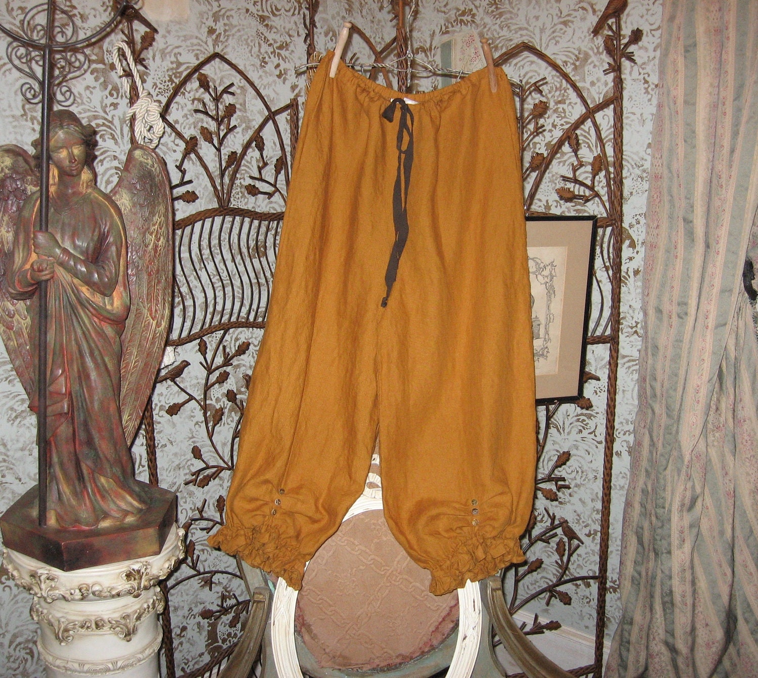 linen bloomer knicker britches girlie pantaloon with buttons in dark mustard gold boho gypsy