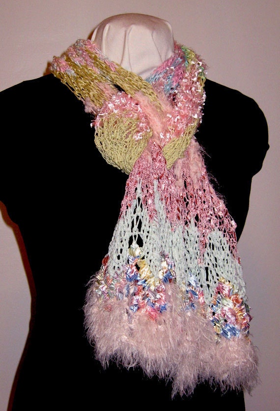 Hand Knit Scarf Chevron Pattern Springtime Pink Green Yellow Lacy