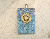 Unique Polymer Clay Pendant Brass Lavender Sage Green Turquoise Mixed Media Pendant