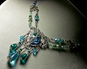 Peacock Blue Green Aqua Crystal Silver Necklace Steampunk Jewelry Antique Vintage Victorian Bridal Style