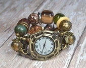 Antique Gold, Green and Brown- Chunky Beaded Interchangeable Watch Band and Watch Face Included