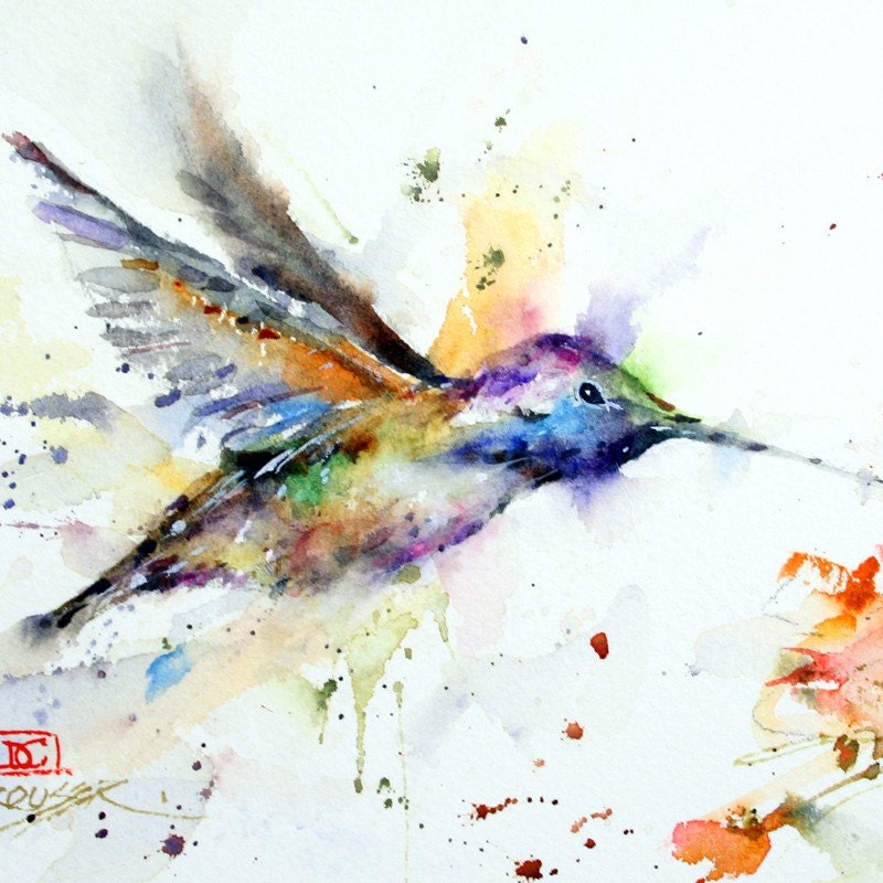 HUMMINGBIRD and FLOWER Colorful Watercolor Print