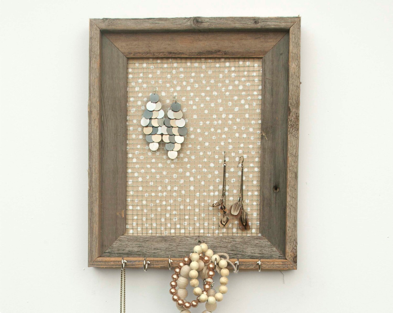 Dirty Blonde Polka Dot Barnwood Jewelry Holder - Tan and White 8 x 10