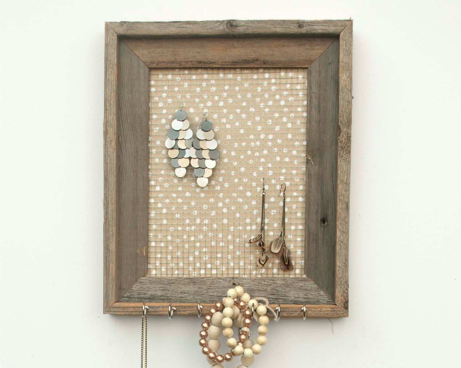 Dirty Blonde Polka Dot Barnwood Jewelry Holder - Tan and White 8 x 10