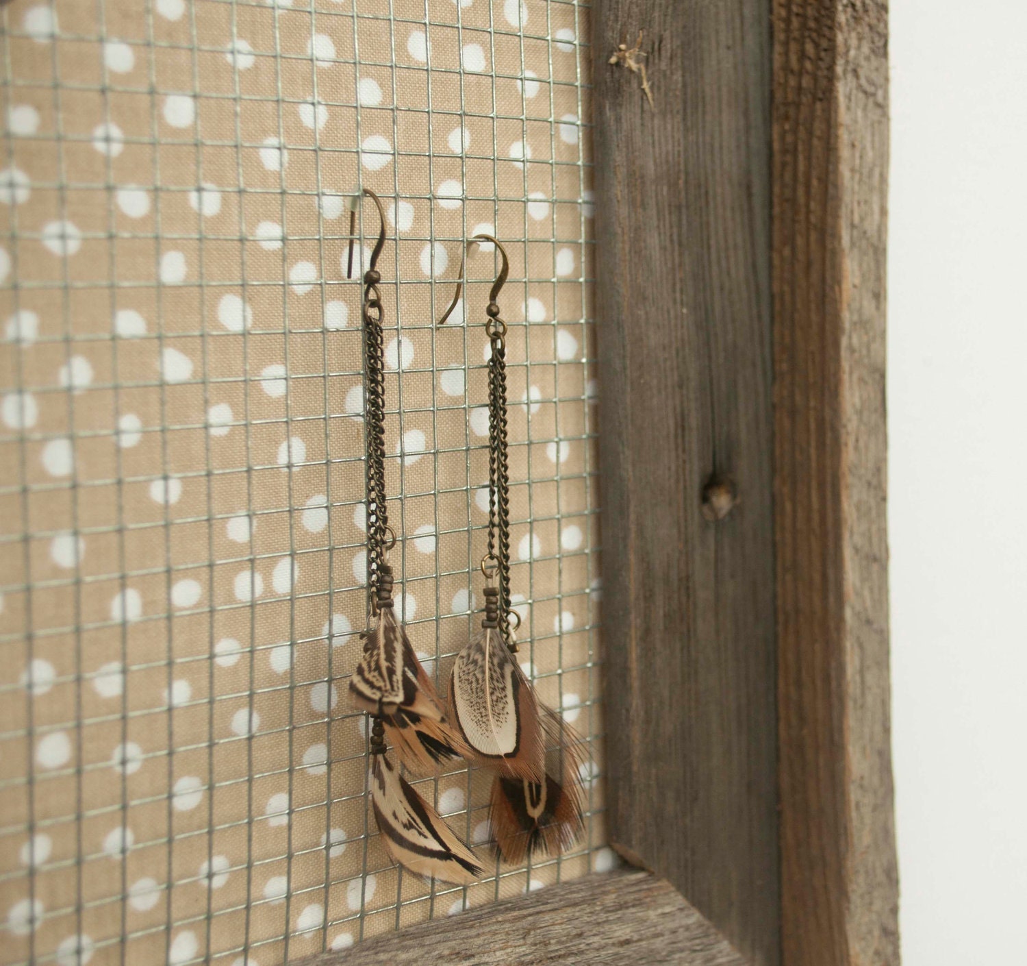 Dirty Blonde Polka Dot Barnwood Jewelry Holder - Tan and White 8 x 10