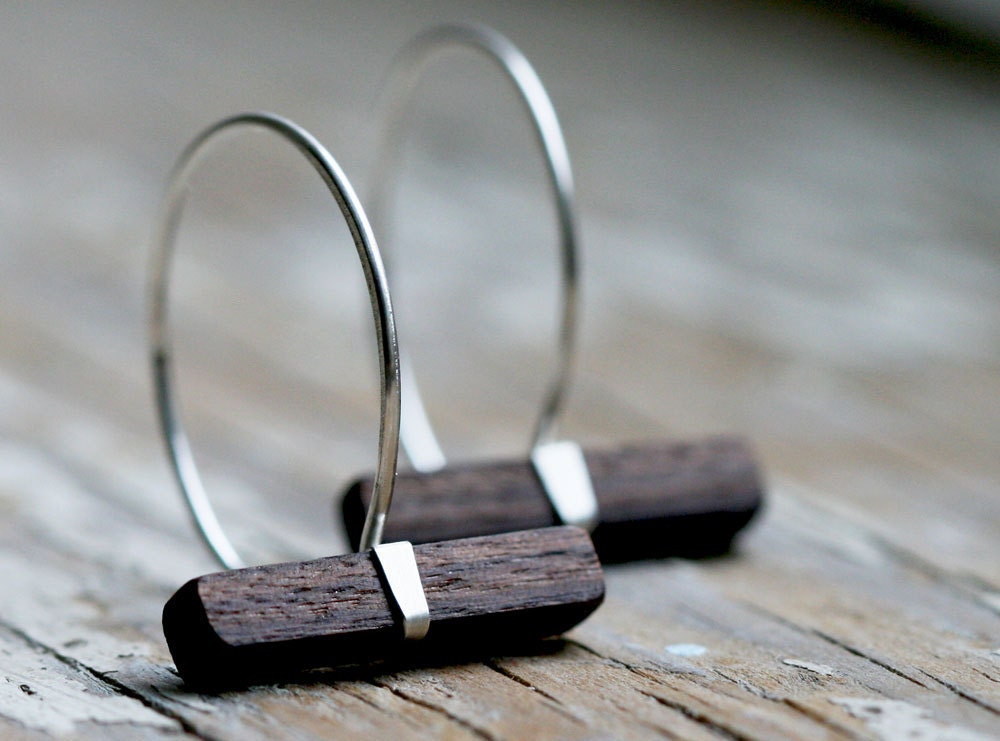 Wood and silver hoop earrings - sterling silver hoop earrings - wood earrings  - unusual earrings