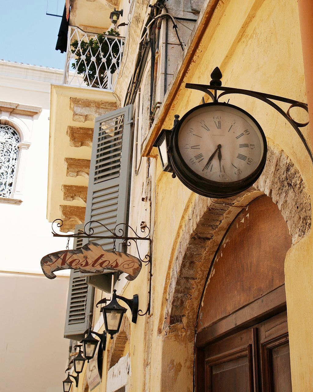 Greece - Travel Photography - Clock Art - European - Butter Yellow Silver Blue - Rustic Wall Decor - Time - Corfu - Mediterranean Photo
